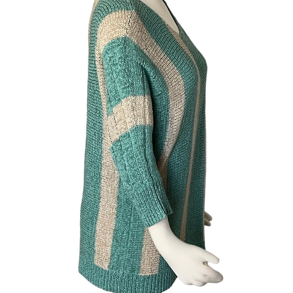 Tribal Scooped Neck Sweater Size L Teal and Beige Striped. - Picture 2 of 6